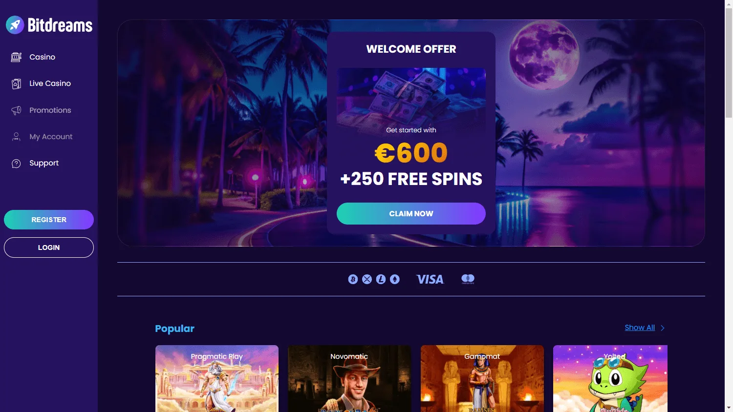 Bitdreams Casino desktop home screen