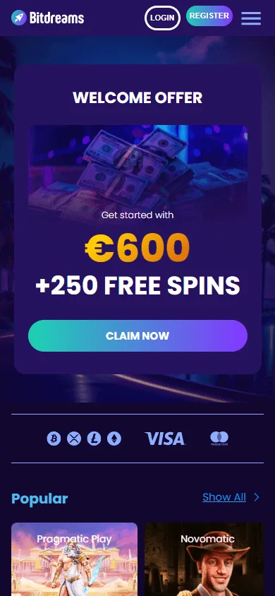 Bitdreams Casino mobile browser home screen