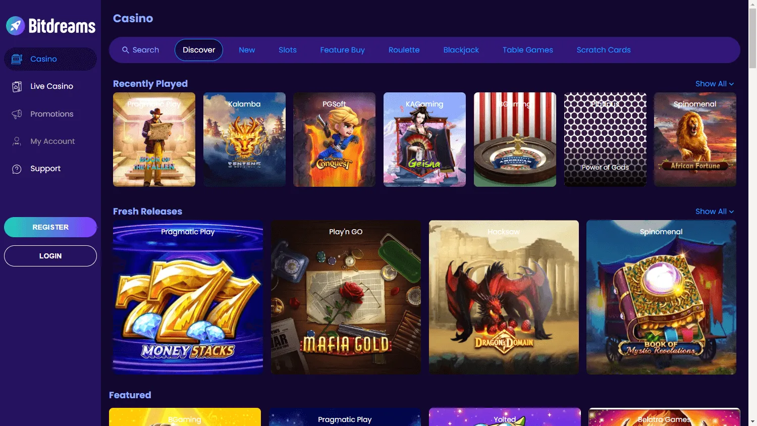 Bitdreams Casino desktop games screen